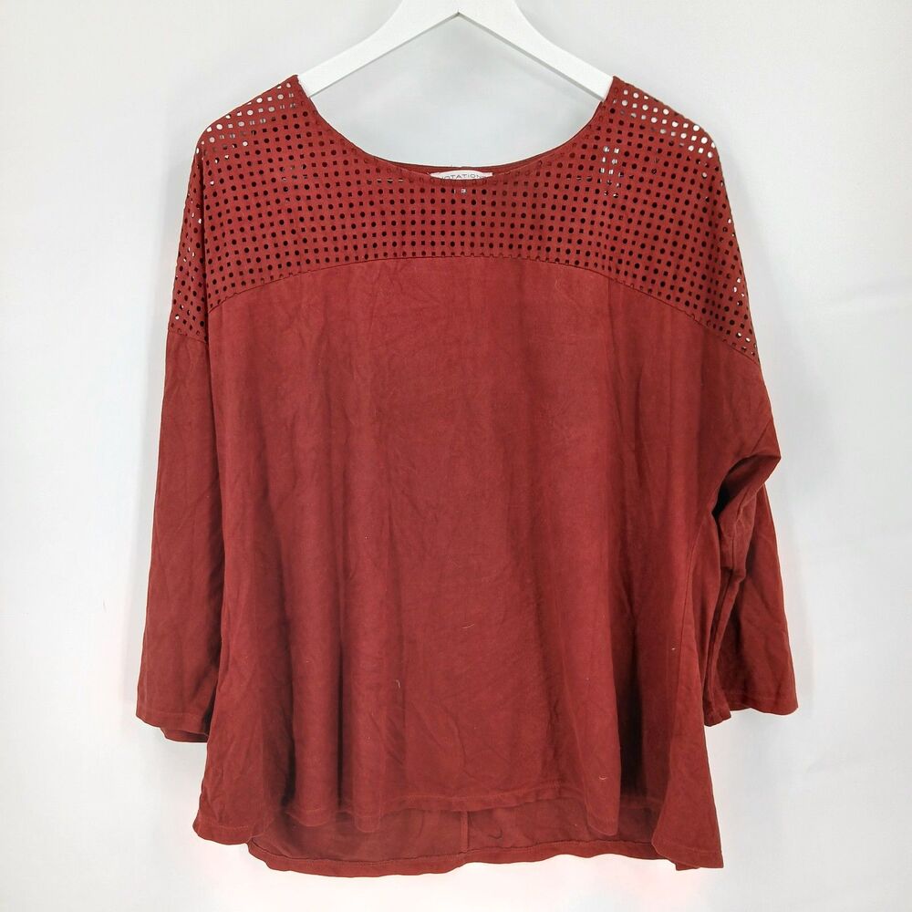 NOTATIONS Womens Rust Red Crochet Yoke Keyhole Top blouse Size XL